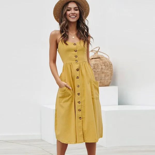 Button Striped Print Cotton Casual Beach Summer Dress Sexy Spaghetti Strap Pockets V-neck Off Shoulder Women Midi Dress Vestidos