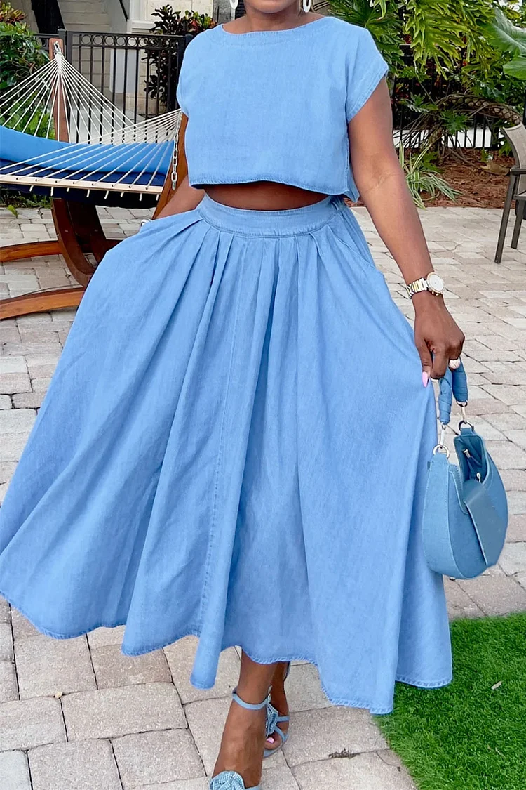 Plus Size Business Casual Blue Round Neck Short Sleeve Pocket Tencel Denim Two Piece Skirt Sets [Pre-Order] 2024 - Xpluswear