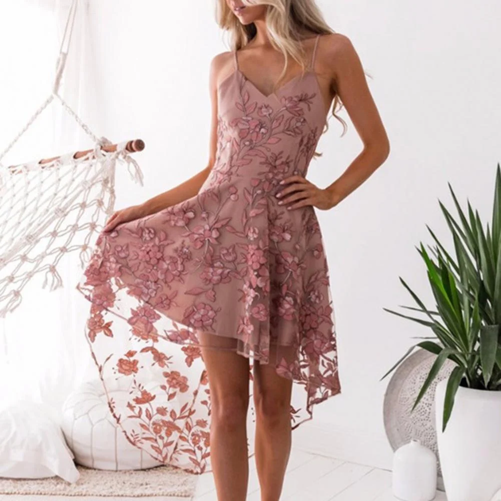 Chic Lace Evening Dress Elegant Sleeveless Backless Embroidery Flower Crochet Lace Dress Irregular Hem Party Dress robe vestido