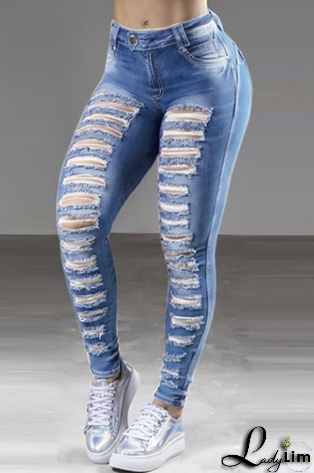 Dark Blue Fashion Casual Solid Ripped High Waist Skinny Denim Jeans