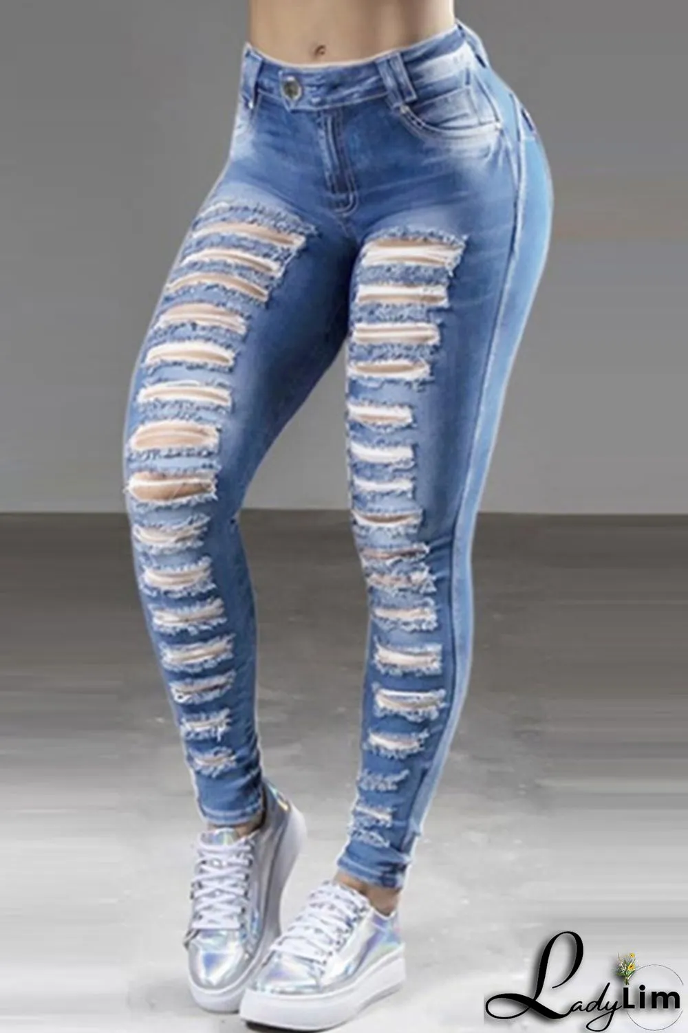 Dark Blue Fashion Casual Solid Ripped High Waist Skinny Denim Jeans