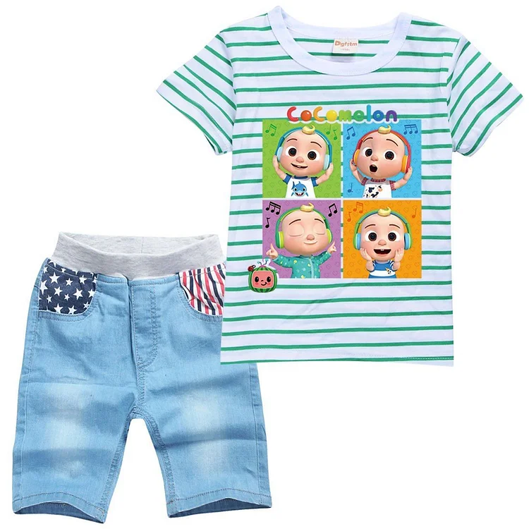 Cute Baby Jj, Tomtom, Yoyo, Cody Nina Print Kids T Shirt Denim Shorts-Mayoulove