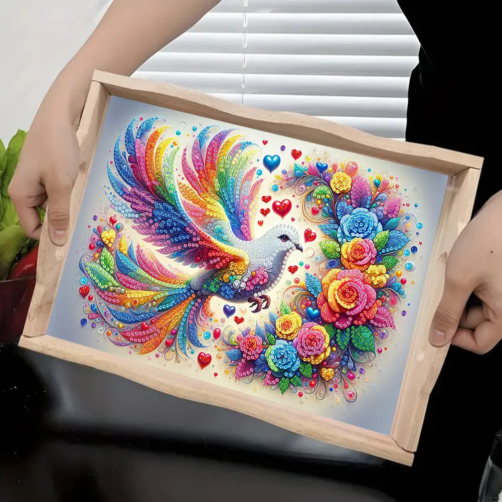 Wooden Colorful White Pigeon 5D DIY Diamond Painting Tray Art Craft with Handle