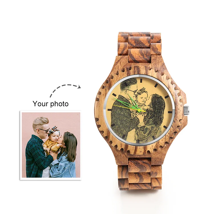 Men's Engraved Wooden Photo Watch Wooden Strap
