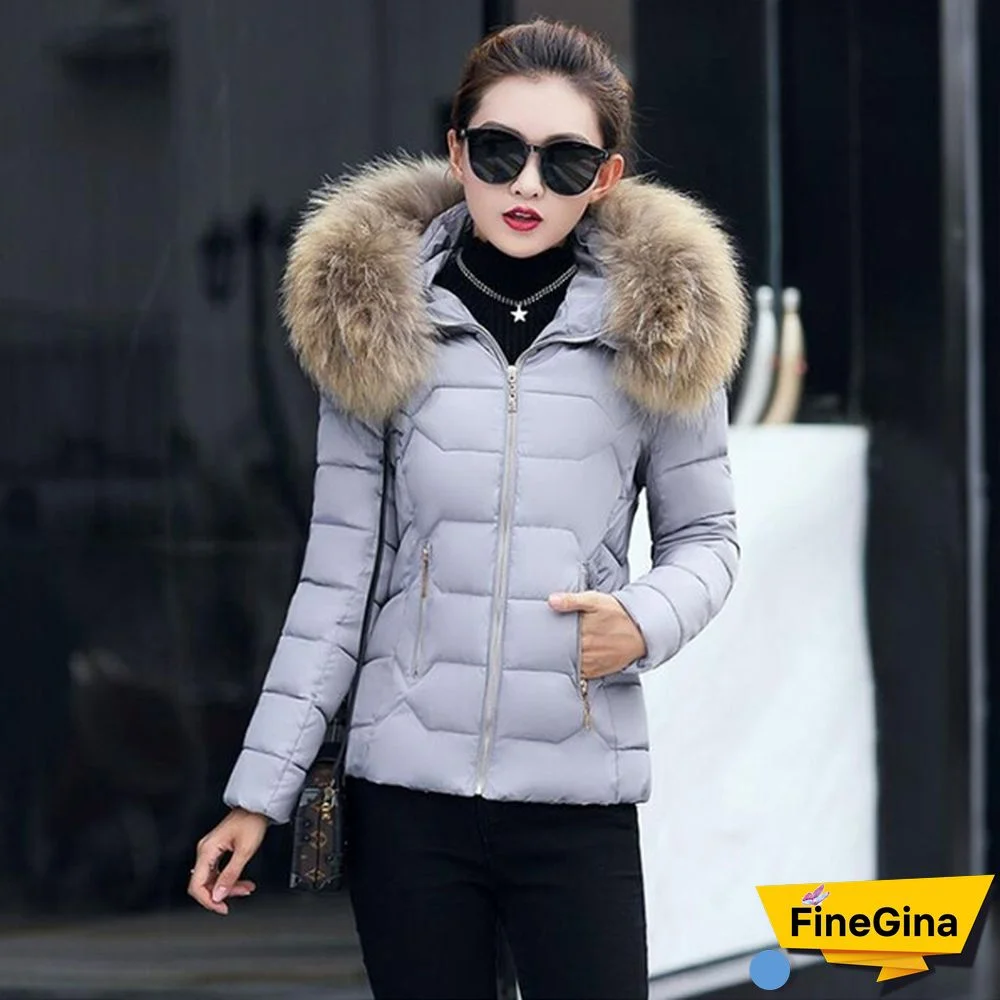 Women Autumn Winter New Fashion Short Coat Cotton-padded Jacket Large Size Hooded Jacket Warm Cotton Female Fur Collar Hoody Parka XS-XXXL
