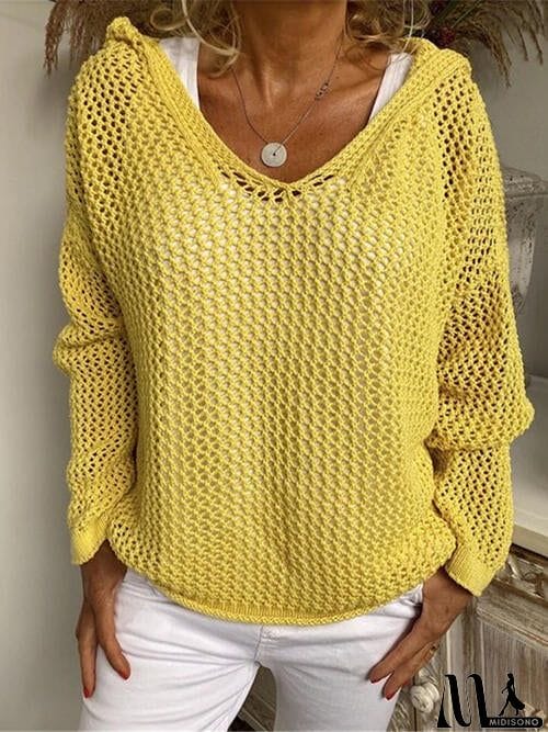 MidiSono - Openwork Hooded Long Sleeve Sweater