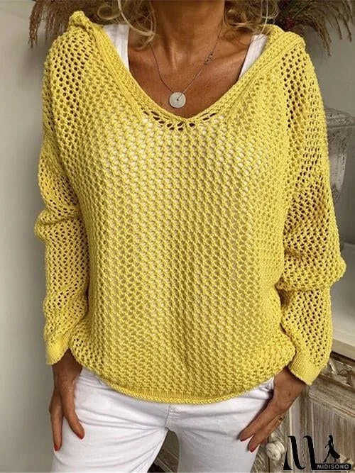 MidiSono - Openwork Hooded Long Sleeve Sweater