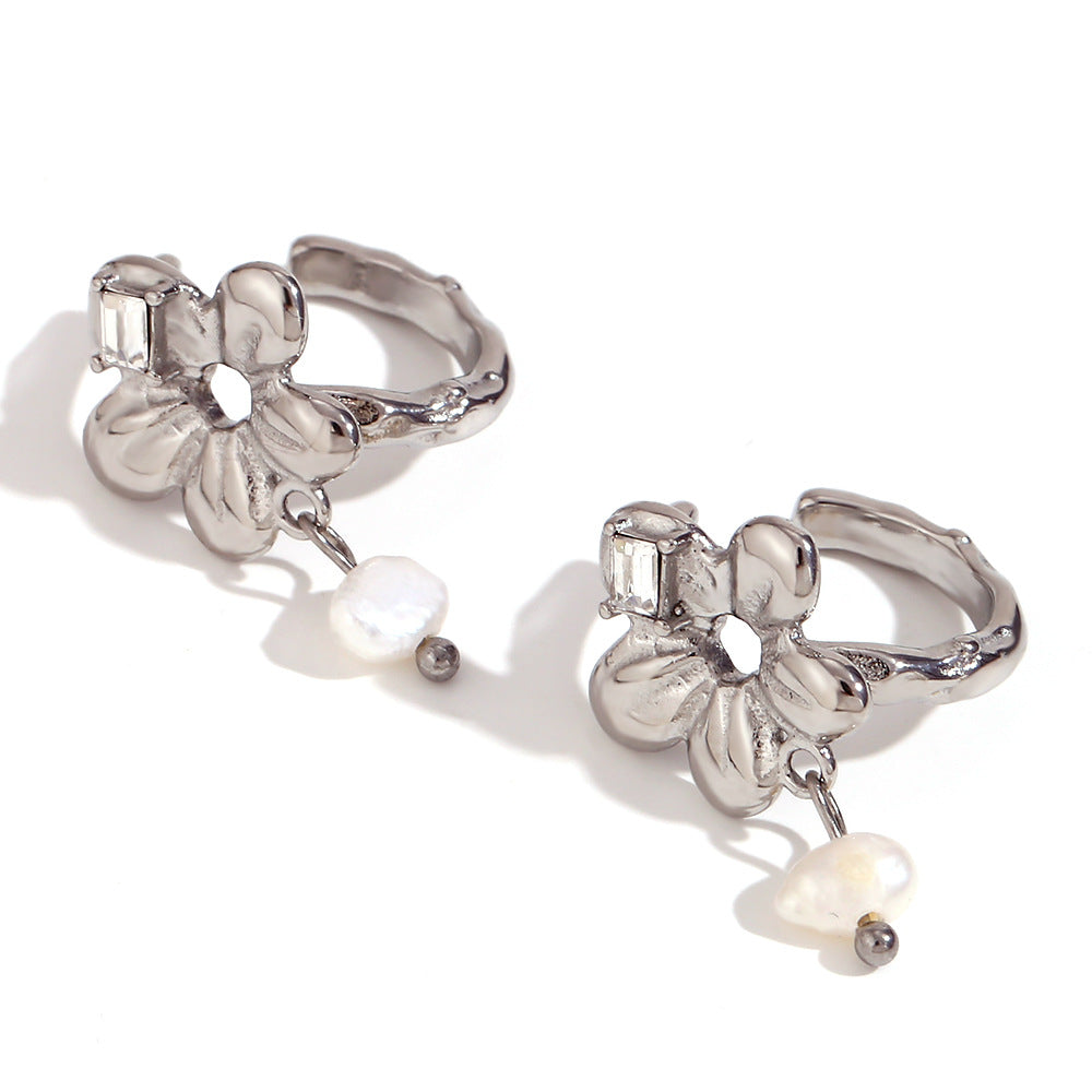 Women Fashion Pearl Geometric Flower Stainless Steel 18K Gold Plated Clip On Earrings