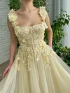 Pale Yellow 3D Floral Ball Gown A Line Sweetheart Bodice Corset Prom Dress Tulle Princess Floor Length Evening Robe Party Special Occasion