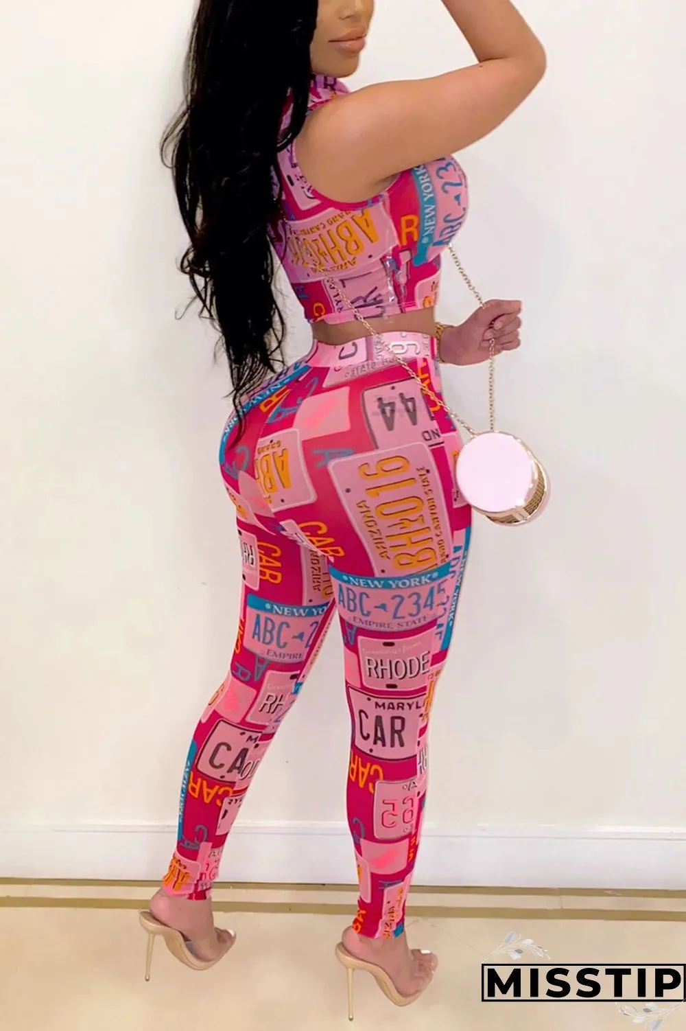 Pink Fashion Sexy Print Sleeveless Two-piece Set