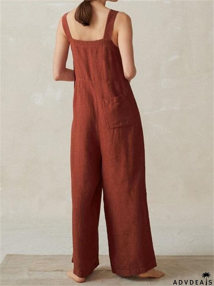 Loose Wide-Leg Side Buckle Design Cotton And Linen Pocket Strappy Jumpsuit