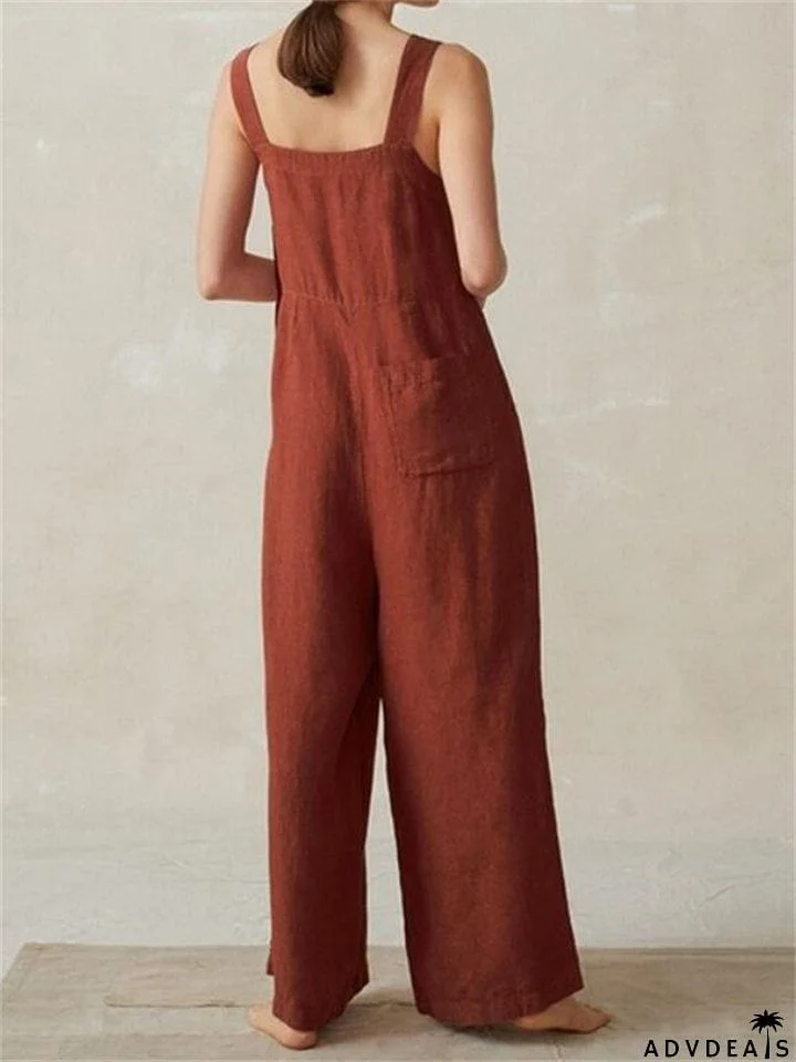 Loose Wide-Leg Side Buckle Design Cotton And Linen Pocket Strappy Jumpsuit