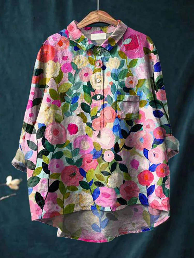 Comstylish Colorful Spring Floral Garden Printed Casual Cotton And Linen Shirt