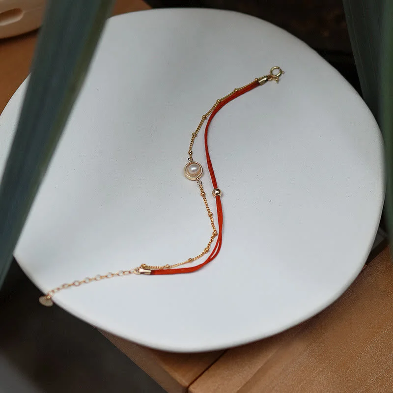 Luck Red String 14K Gold Plated Pearl Bead Double Layer Bracelet