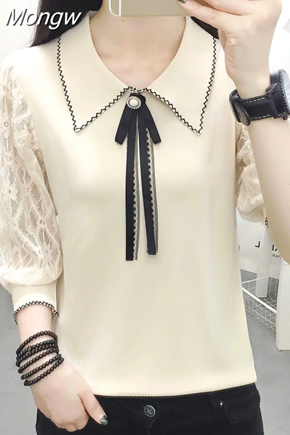 Mongw Peter Pan Collar Beading Lace Up Bow Lace Blouse Women's Clothing 2023 Autumn New Oversized Casual Pullovers Commute Shirt