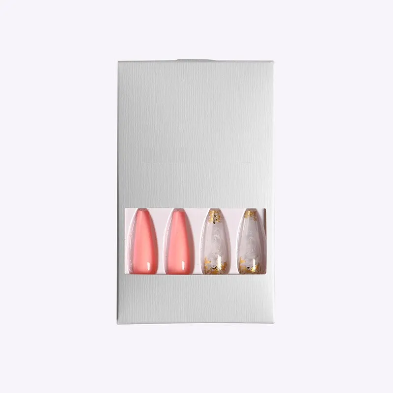 24pcs/set Long Coffin Fake Nails Pre-design Foils Decal Pink Orange Full Cover Nail Art Tips Ballerina Acrylic False Nails 515-1-Nail Inspo