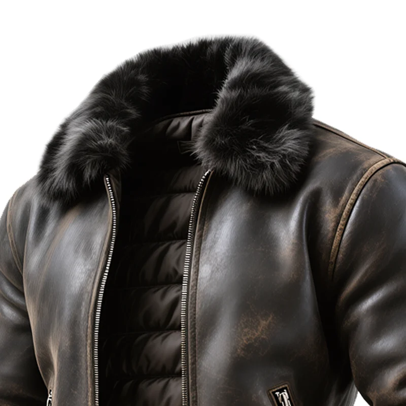 Men's Outdoor Cycling Vintage Brown Leather Jacket With Fur Collar