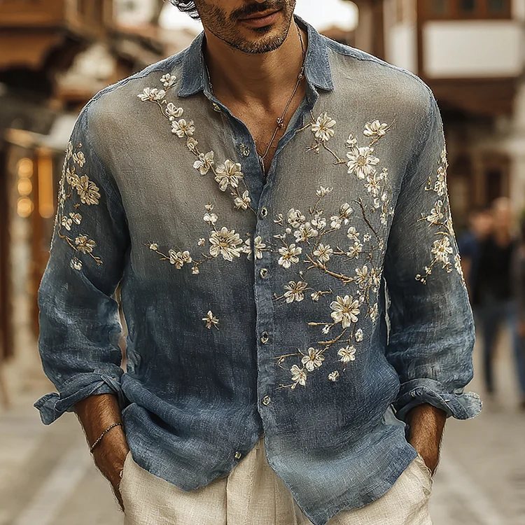 Men's Retro Flower Art Print Long Sleeve Shirt