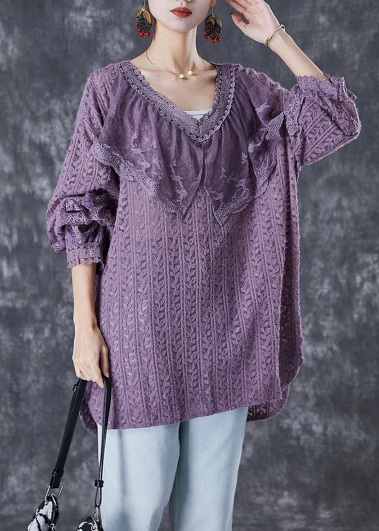 Women Purple V Neck Patchwork Lace Shirts Fall