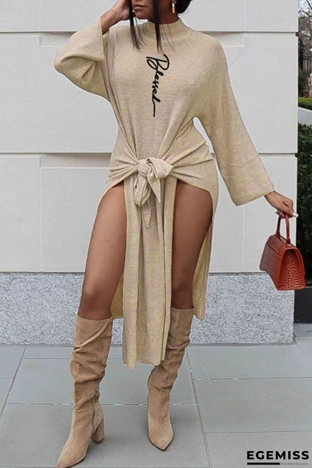 Beige Fashion Casual Print Slit Half A Turtleneck Long Sleeve Dresses | EGEMISS