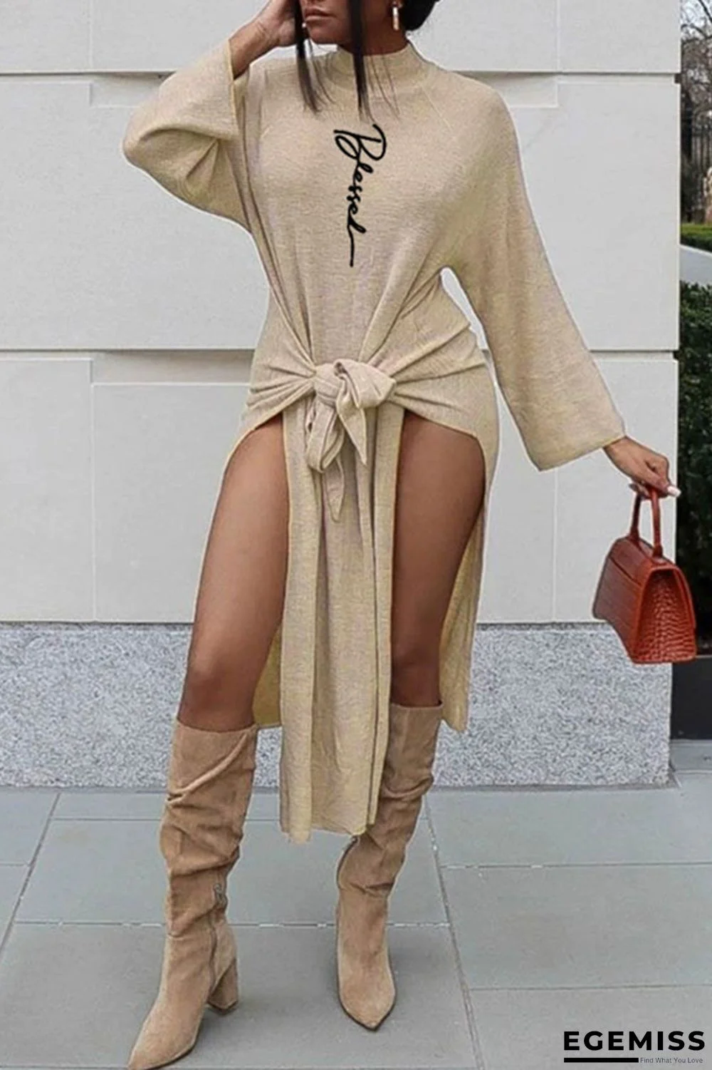 Beige Fashion Casual Print Slit Half A Turtleneck Long Sleeve Dresses | EGEMISS