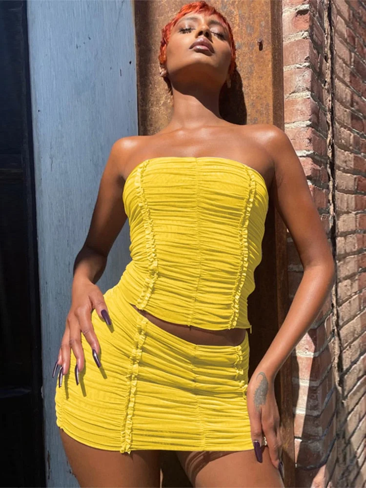 Jacqueline Summer Sexy See Through Beach Mesh Two Piece Sets Womens Outifits 2022 Tube Top Mini Skirts Sets Party Club Dress Set