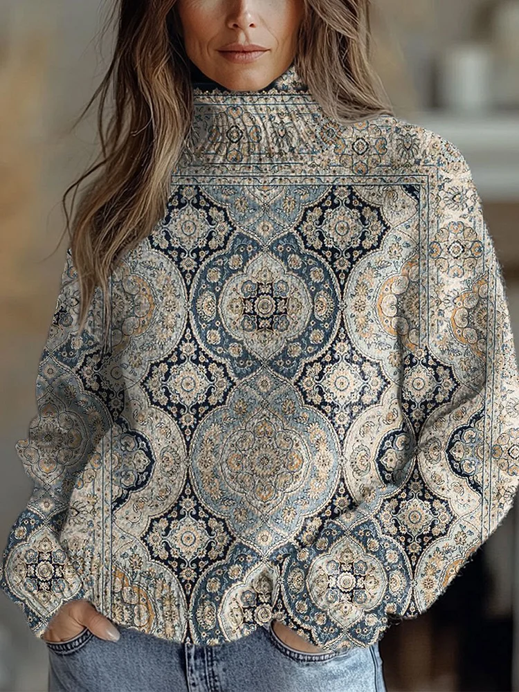 Vintage Symmetrical  Flowers Print Knit Turtleneck Pullover Sweater