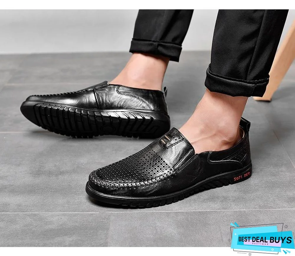New Openwork Men Black Loafer Perforated Shoes Leather Flats Driving Shoes Business Men's Shoes