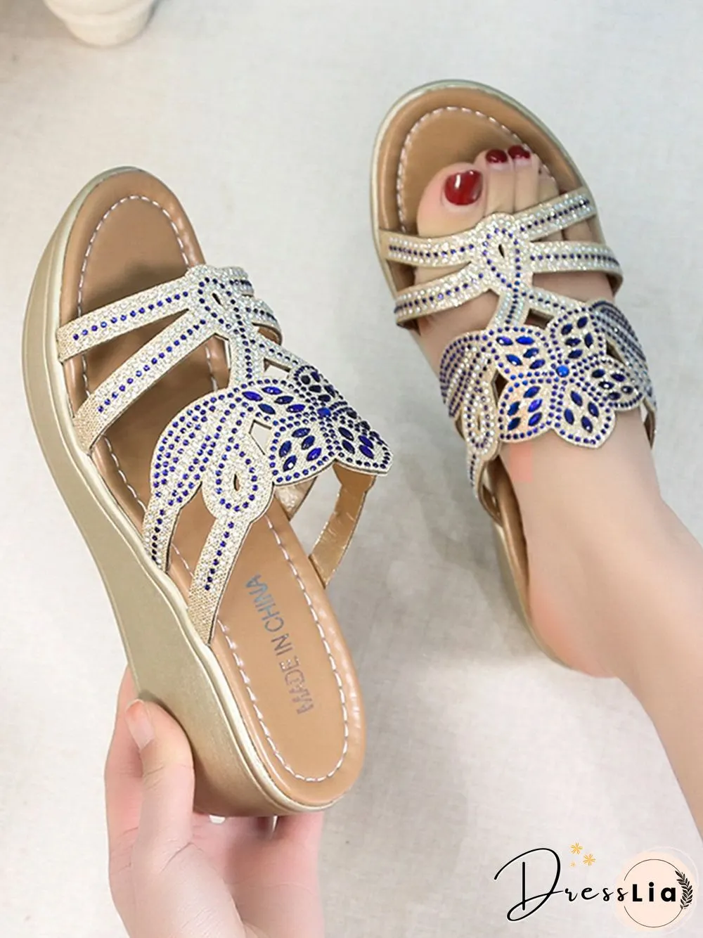 Rhinestone Floral Leaf Cutout Glitter Wedge Slippers