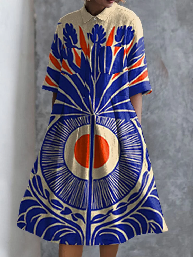 Women's Boho Symmetry Art  Print Pocket Cotton Dress