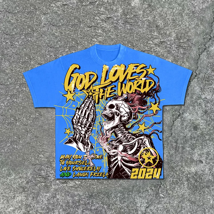 Men's Street God Loves The World Graphics Acid Washed T-Shirt