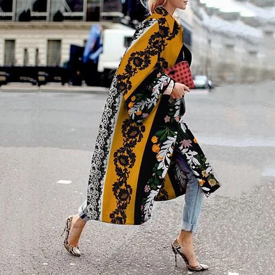 Fashion spliced ​​flower print loose long coat