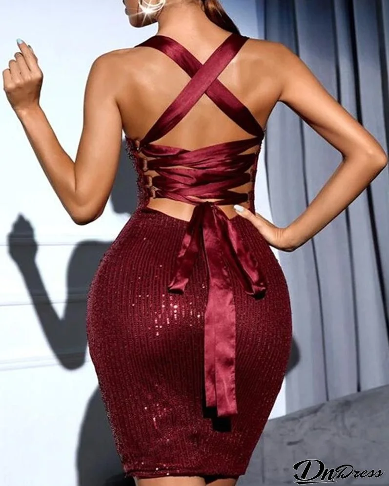 Crisscross Backless Allover Sequins Dress