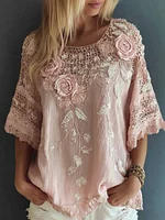 Women's Floral Embroidery Lace Linen Crew Neck T-shirt