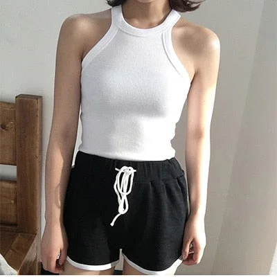 Basic Solid T shirts Women Slim Halter Neck Off-shoulder Camisole Tops Tees Summer Female Tanks Sleeveless
