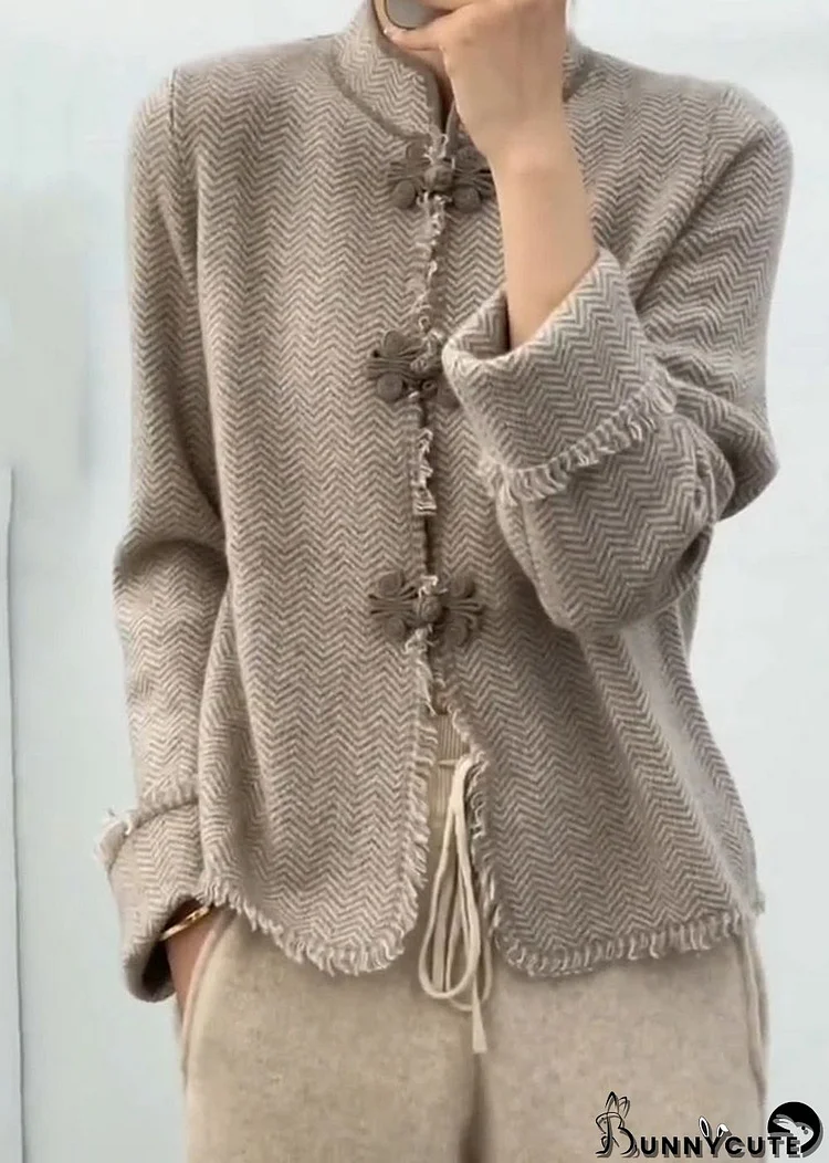 Chinese Light Camel Grey Stand Collar Button Knit Coats Long Sleeve