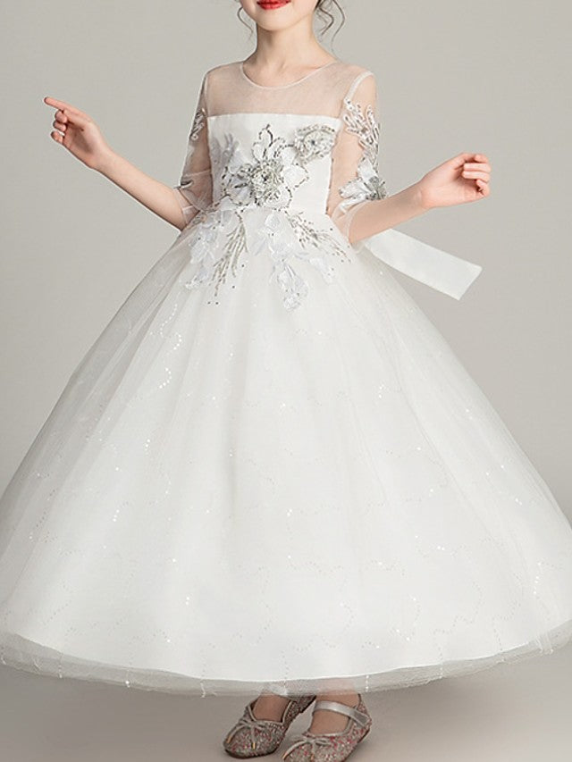 Oknass Ball Gown Half Sleeve Jewel Neck Flower Girl Dress Polyester With Bow