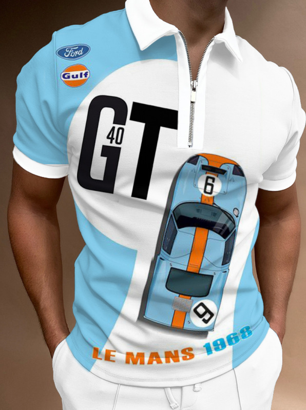 Men's Racing Print Zip Neck Short Sleeve Polo Shirt