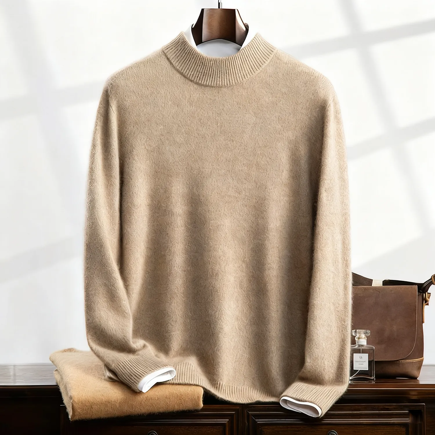 Men's Heavyweight Cashmere Sweater | Semi High Neck for Warmth REAL SILK LIFE