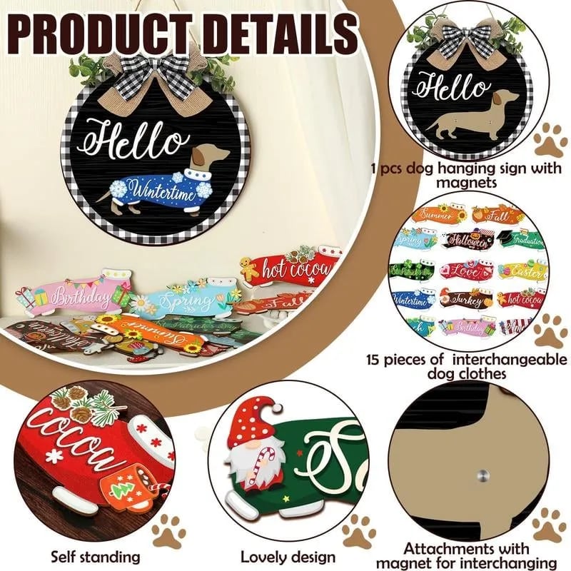 16pcs Interchangeable Dachshund Sign Dog Welcome Sign Wooden Sign with Magnet Detachable Accessories Seasonal Welcome Sign Decorations for Halloween Holiday Seasonal, Birthday Party, Home Wall Office Living Room Garden, Farmhouse Porch Front Door
