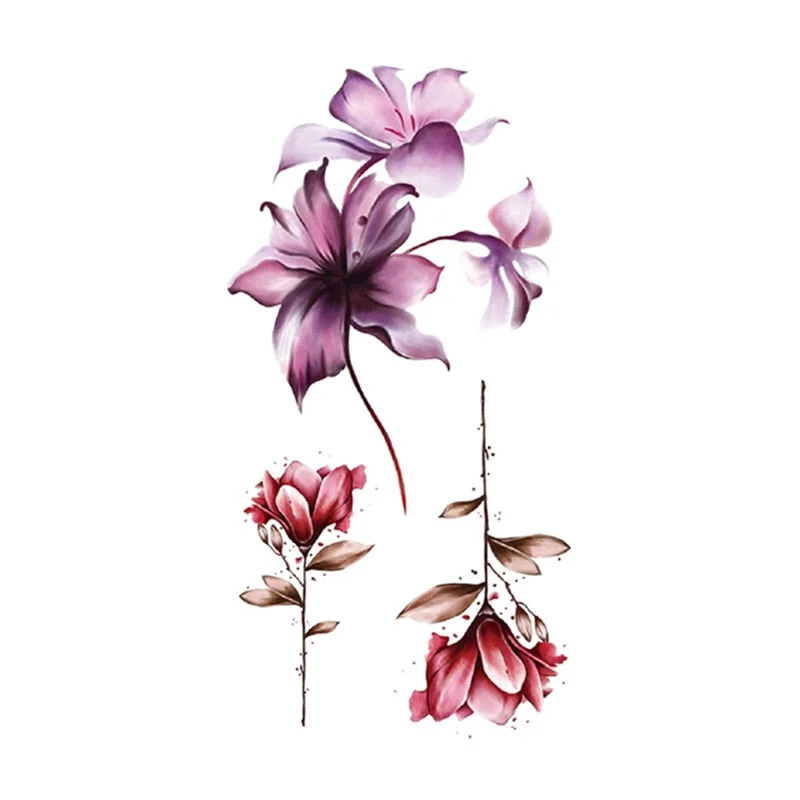 Temporary Tattoo Stickers Watercolor Rose Magnolia Flower Leaves Fake Tattoos Waterproof Tatoos Arm Large Size for Women Girl