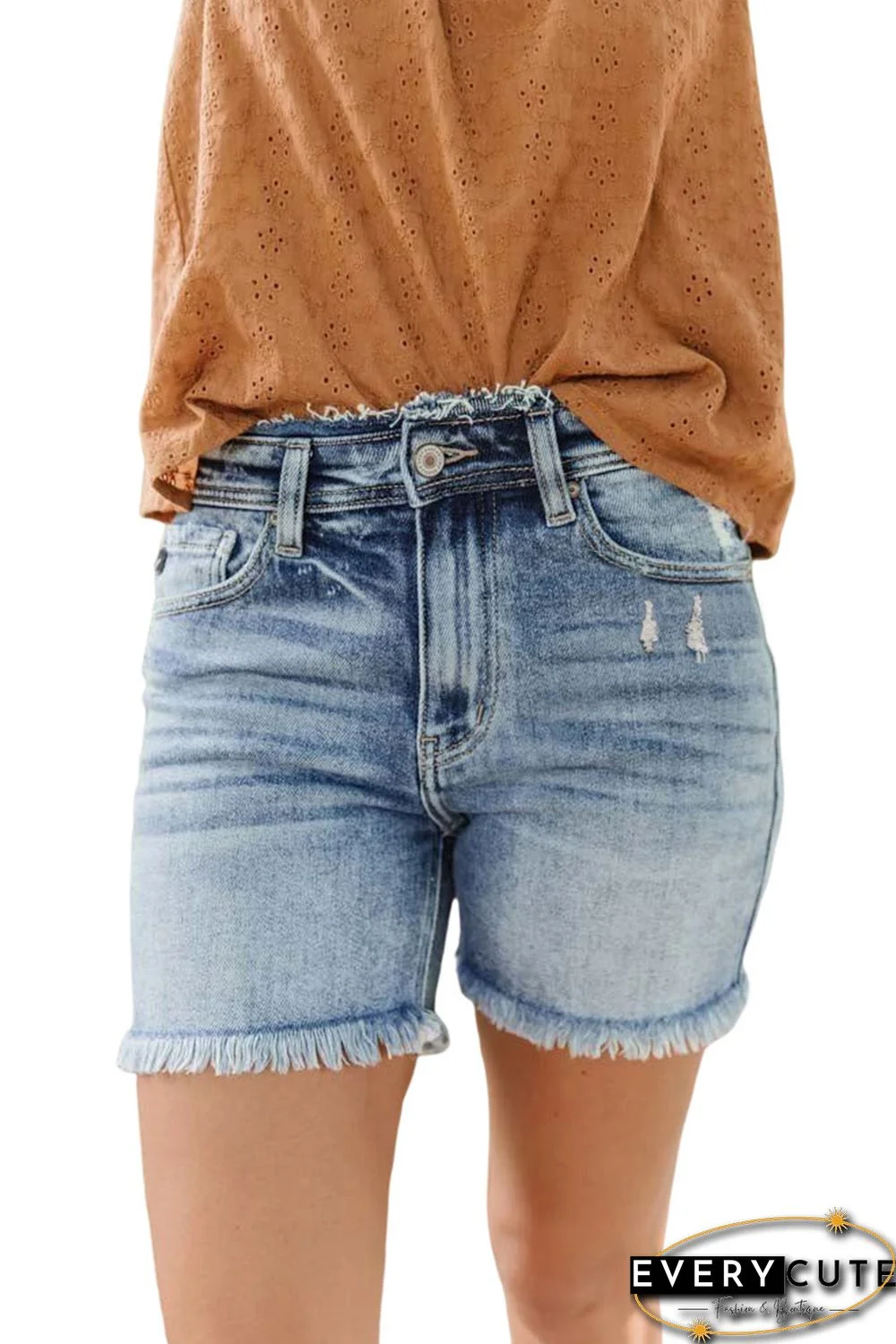 Sky Blue Retro High Waist Raw Hem Denim Shorts
