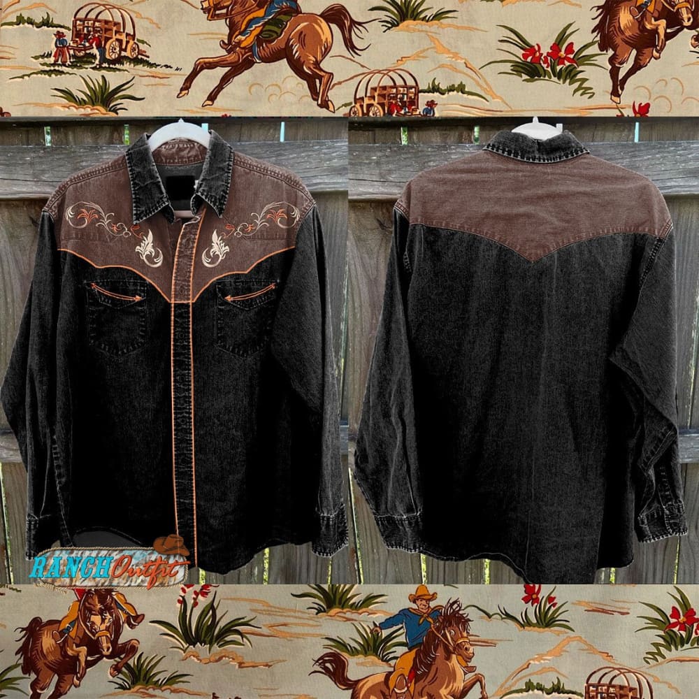 Western Patterned Black Brown Color Shirt Vintage Stripe Print Casual Multicolor / S