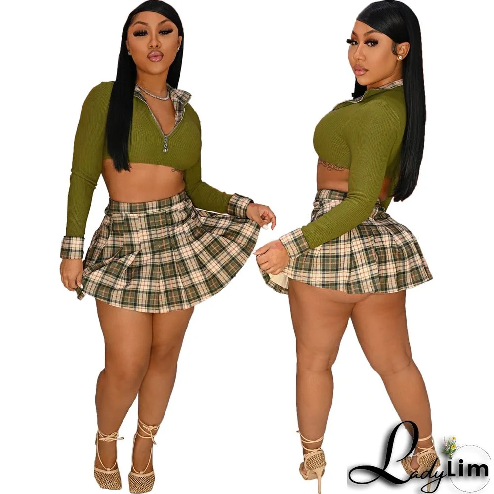 Women Casual rib Long Sleeve Top and Plaid Pleated Skirt Two Piece