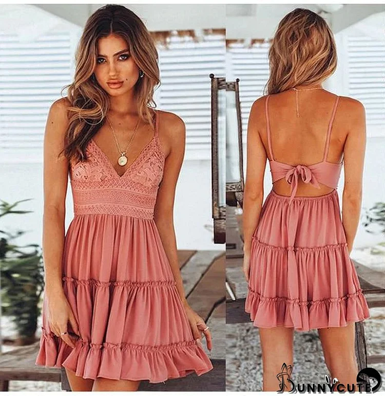 Women Lace Sexy Backless V-neck Beach Dresses Sleeveless Mini Sundress