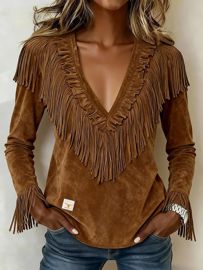 Women's Western V-neck Ruffled Tassel T-shirt 