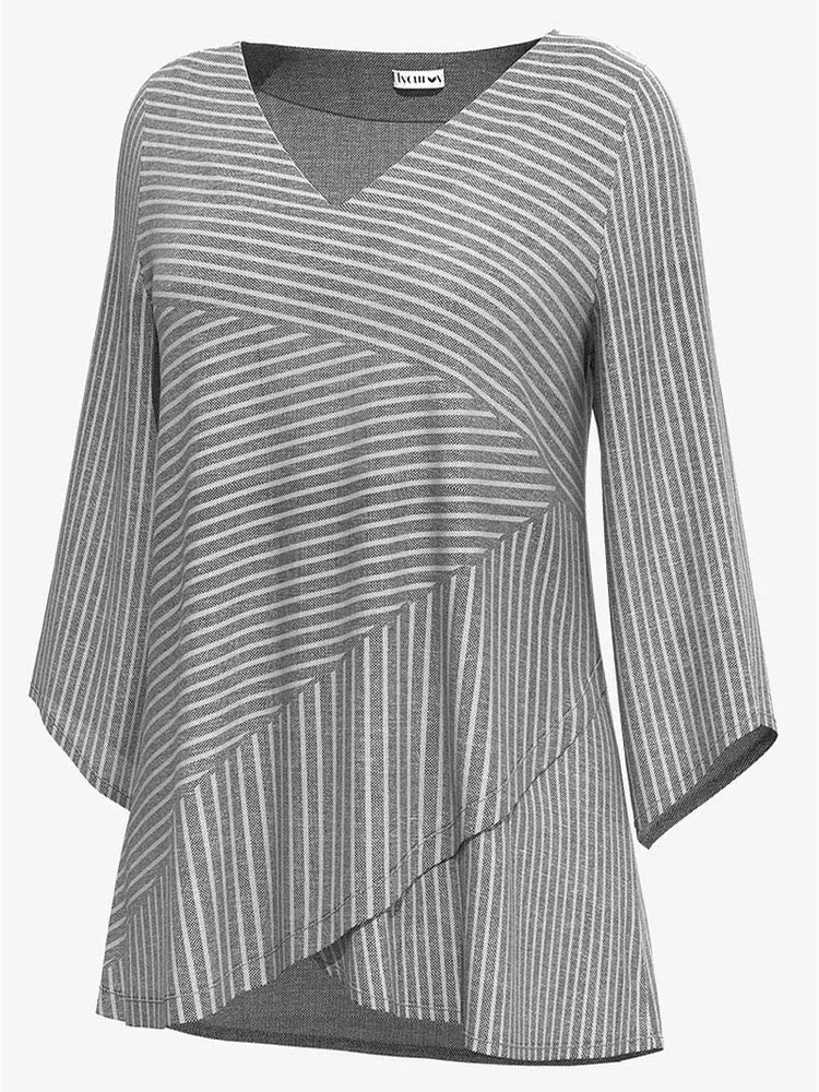 Women Asymmetrical Long Sleeve V-neck Striped Graphic Top