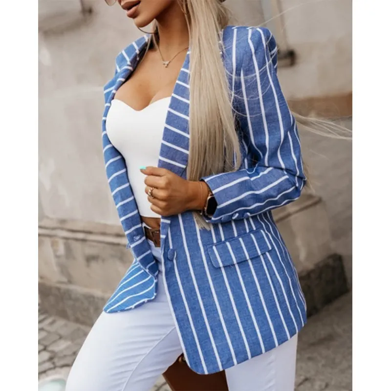 Women Striped Notched Lapel Single‑Button Jacket