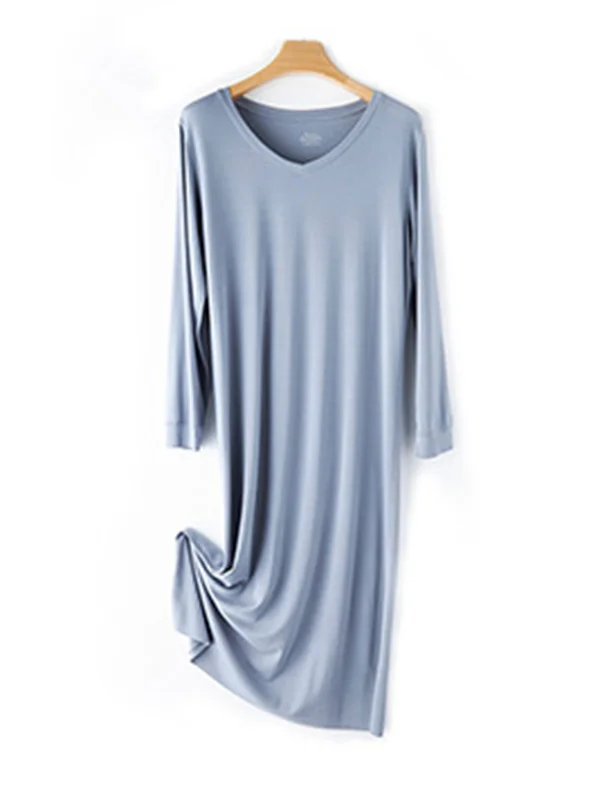 6 Colors Simple Solid Color Long Sleeves Midi Dress Home Wear