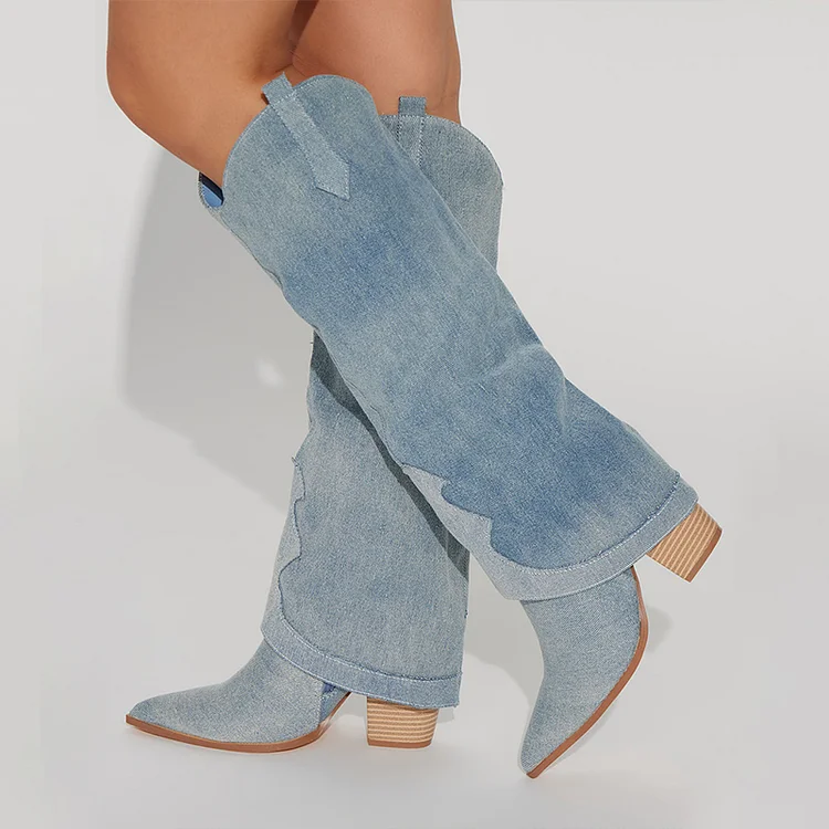 Blue Pointed Toe Stacked Heel Fold Over Western Knee Denim Boots |FSJ Shoes
